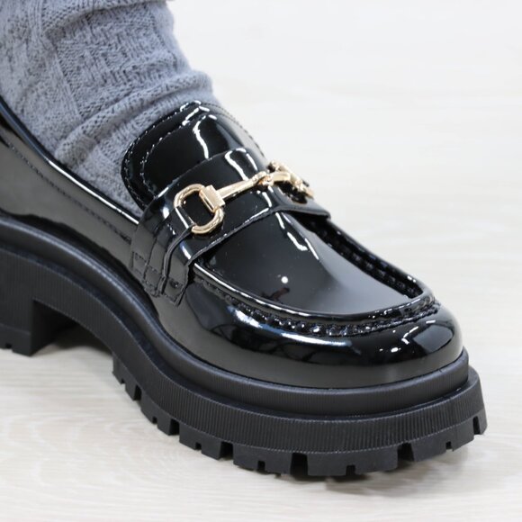 Black Patent Horsebit Loafers Chunky Platform Lug Sole Slip-Ons Modern Academia - Picture 5 of 16